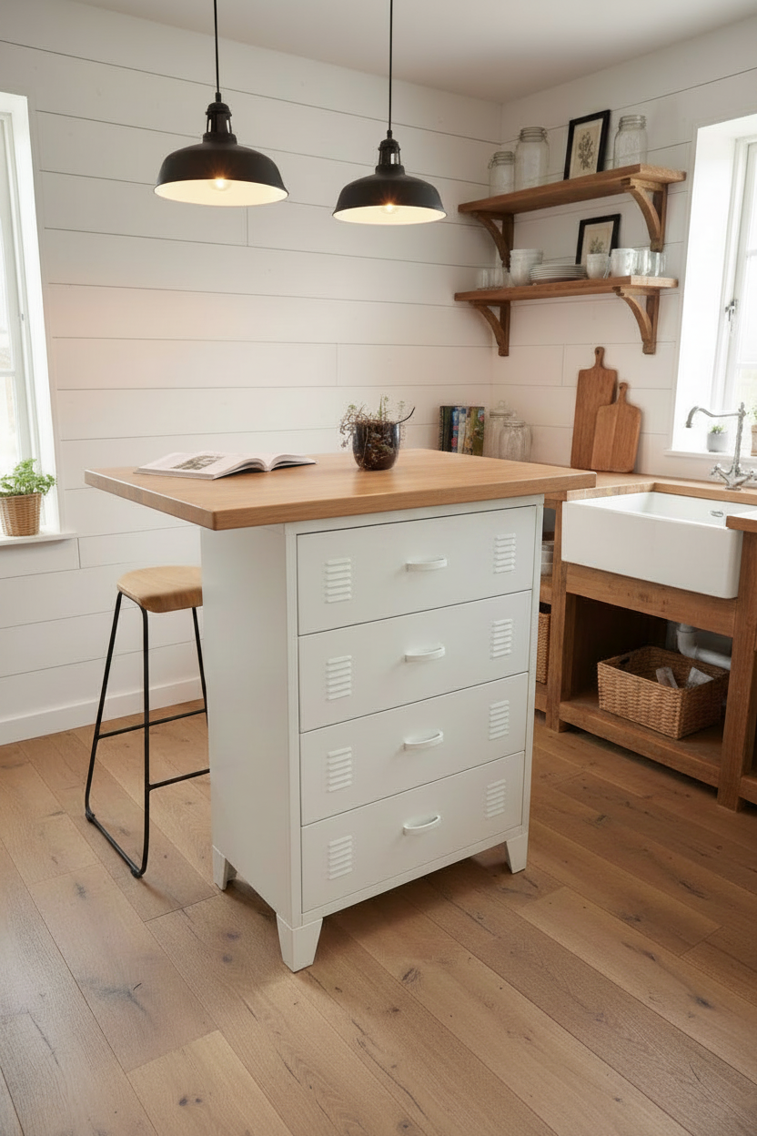 Small Industrial kitchen island, Rimu top with white metal 4 drawer base in a wood kitchen