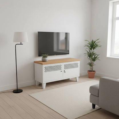 Industrial TV cabinet with recycled Rimu top in lounge room with TV above it