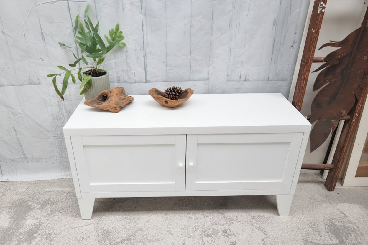 Industrial white metal TV cabinet. highlighting top with smooth powder coat finish