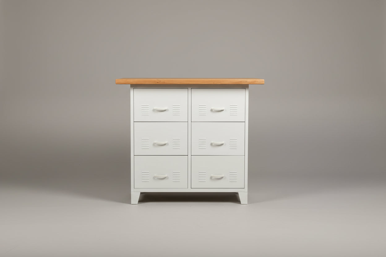 Industrial white metal kitchen island with Oak top and 6 drawers