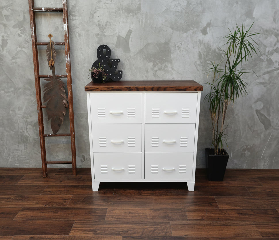 Industrial white metal tallboy 6 drawer with dark oak top