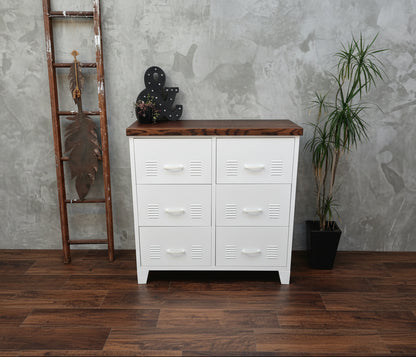Industrial white metal tallboy 6 drawer with dark oak top