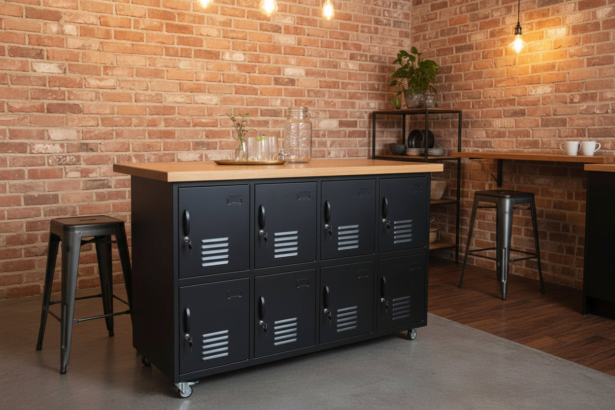 Kitchen island with 8 black metal locker cabinets and Oak top in a kitchen setting.