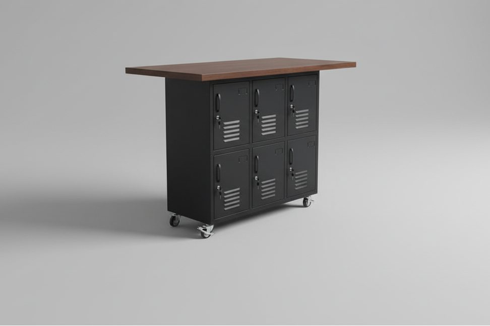 Kitchen island with black metal locker cabinets and Dark Oak wooden top 