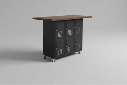 Kitchen island with black metal locker cabinets and Dark Oak wooden top 