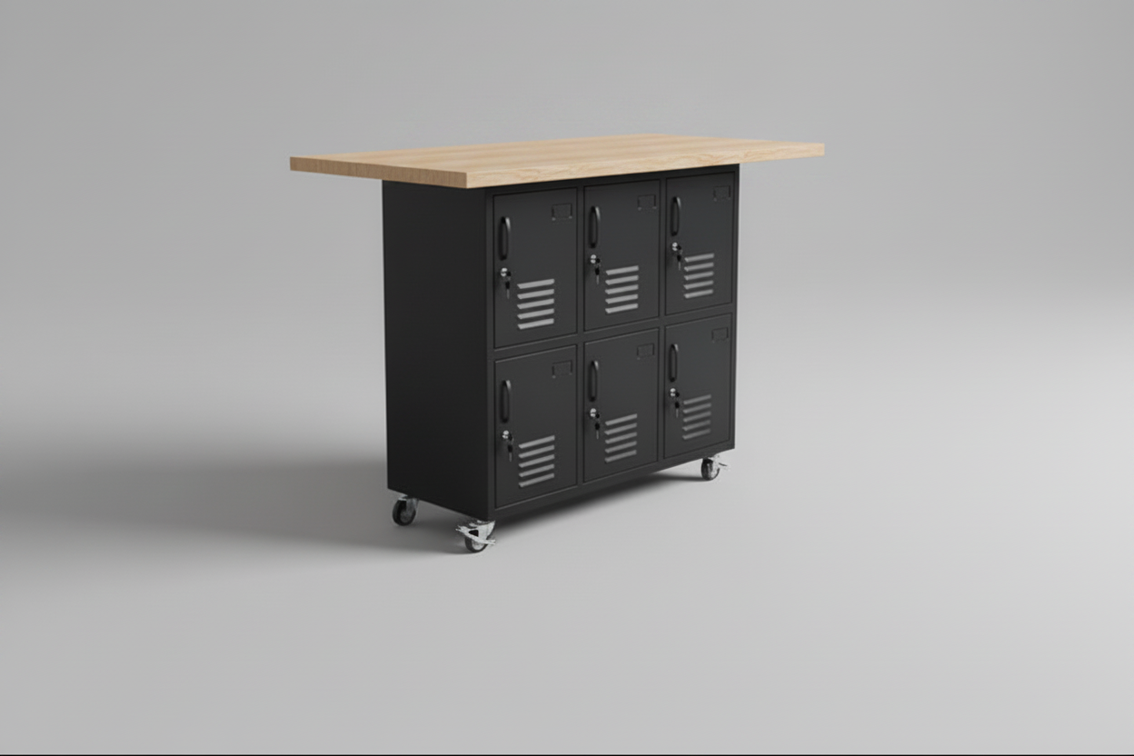 Kitchen island with black metal locker cabinets and Oak wooden top 
