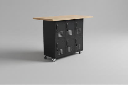 Kitchen island with black metal locker cabinets and Oak wooden top 