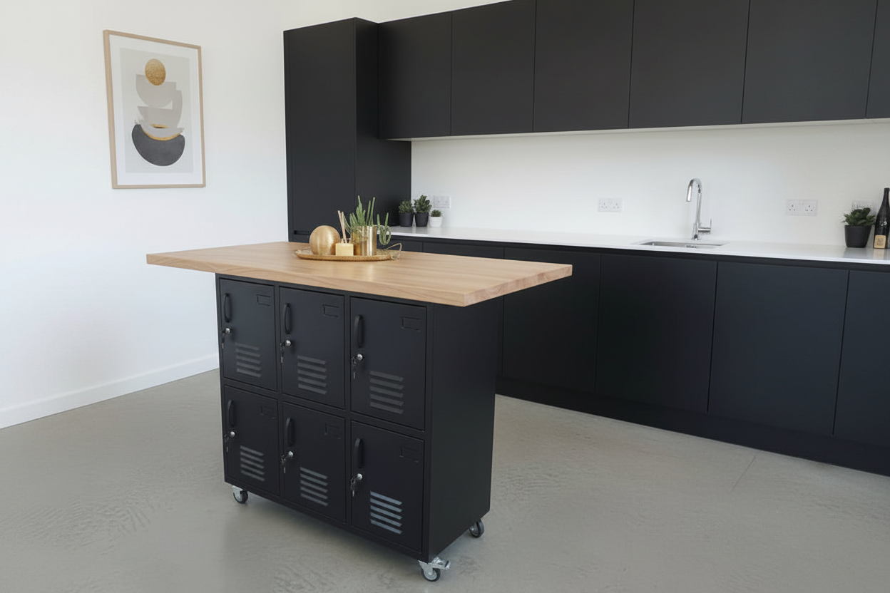 Kitchen island with black metal locker cabinets and Oak wooden top in a modern kitchen.