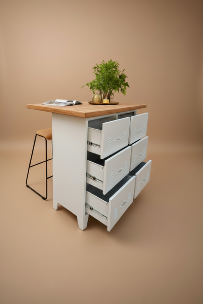 Kitchen island with wooden top and white metal storage drawers