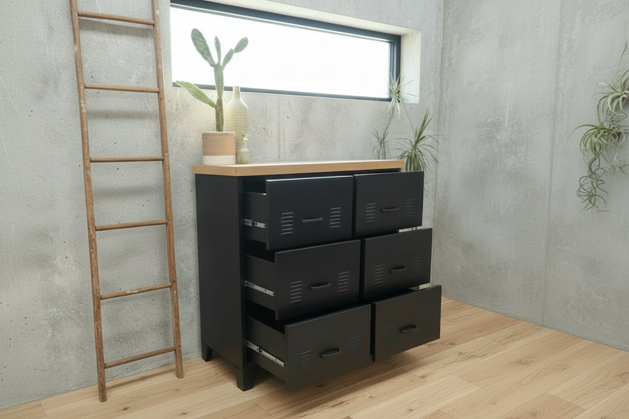 Large Black Drawer tallboy cabinet with Oak top. drawers open to show heavy duty runners