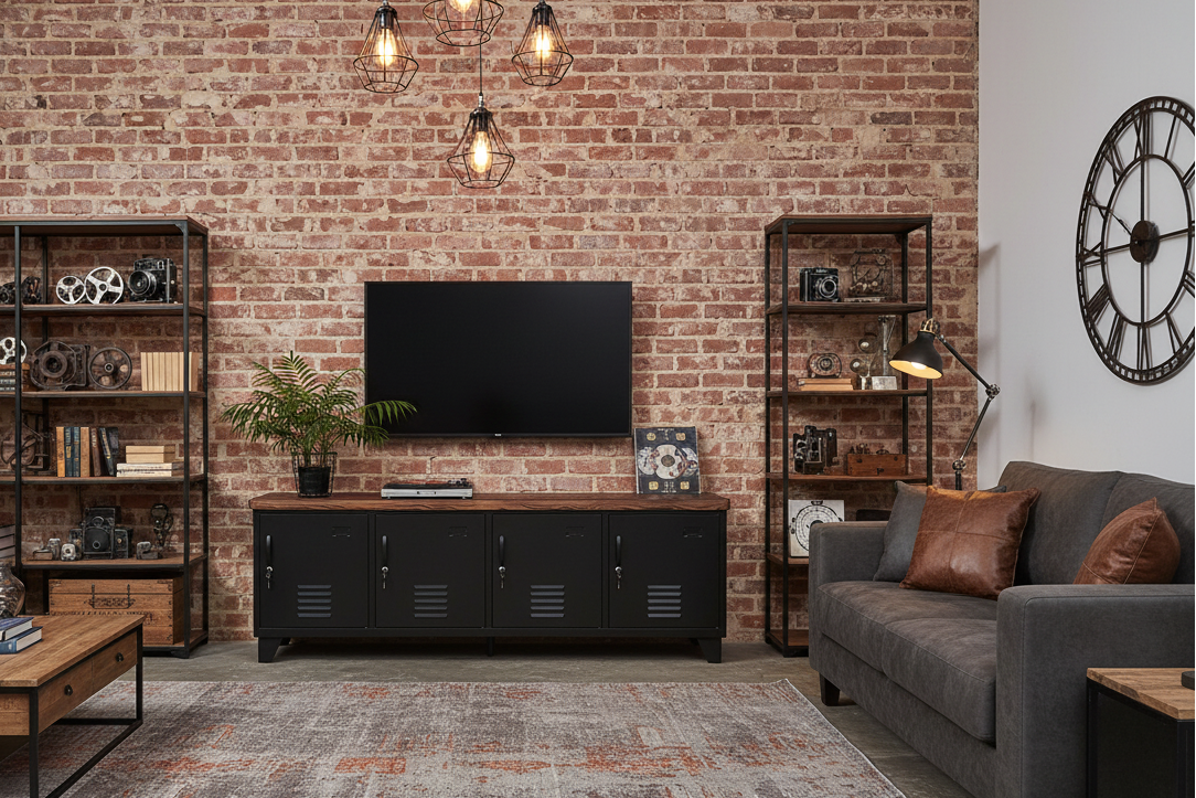 Large Black entertainment console with Dark oak top in a Living room with brick wall, TV, and furniture