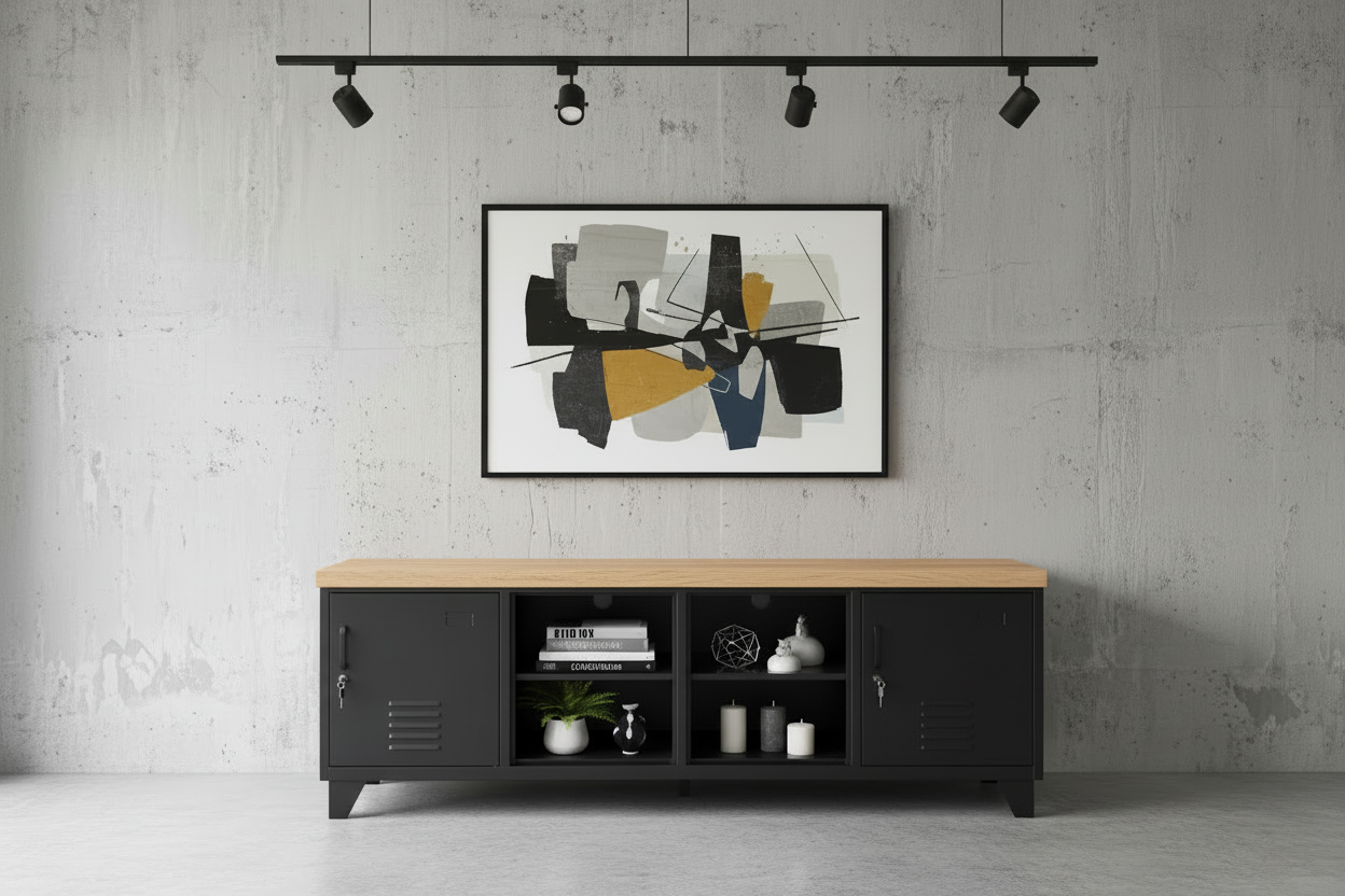 Large Black industrial metal cabinet with Oak top with open shelving
