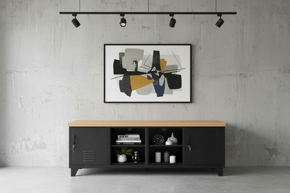 Large Black industrial metal cabinet with Oak top with open shelving