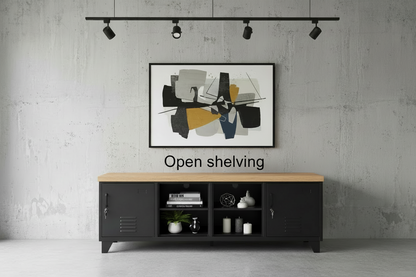 Large Black industrial metal cabinet with Oak top with open shelving for display against a concrete wall