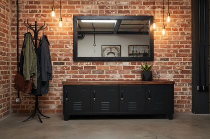 Large Industrial TV Cabinet - Black- Dark Oak top against brick wall in an entranceway
