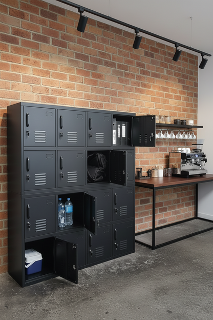 Large Matte metal black lockers in staffroom. 16 lockers