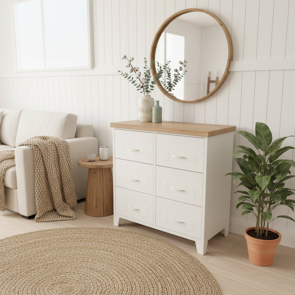 Large White Drawer tallboy cabinet with Oak wooden top against a white wall.