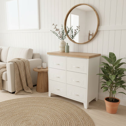 Large White Drawer tallboy cabinet with Oak wooden top against a white wall.