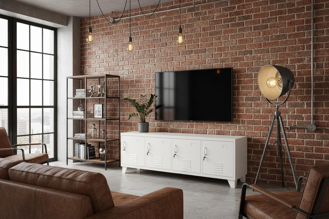 Large White Industrial Metal entertainment console in a modern living room with brick wall, white cabinet, and brown sofa.