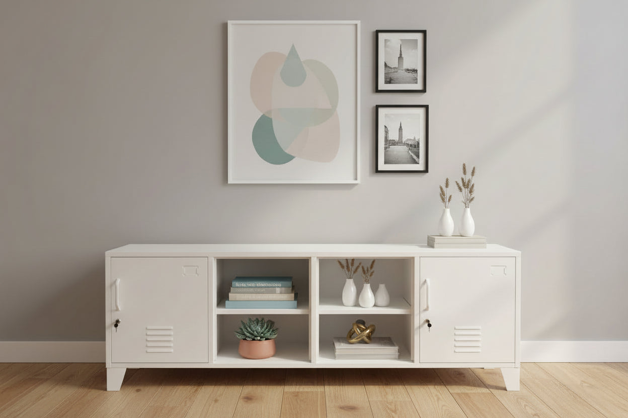 Large White metal entertainment cabinet with open display shelving with modern decorative pieces