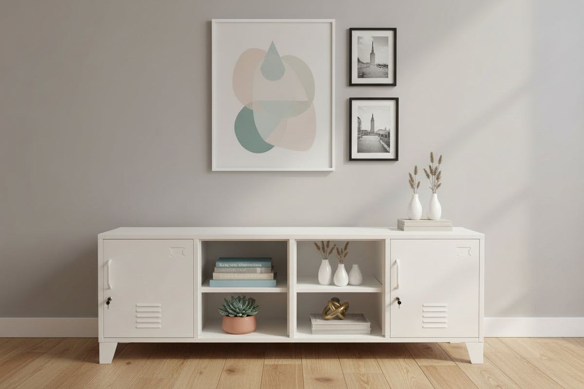 Large White metal entertainment cabinet with open display shelving with modern decorative pieces
