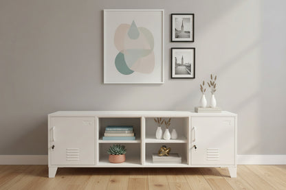 Large White metal entertainment cabinet with open display shelving with modern decorative pieces
