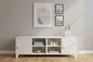 Large White metal entertainment cabinet with open display shelving with modern decorative pieces