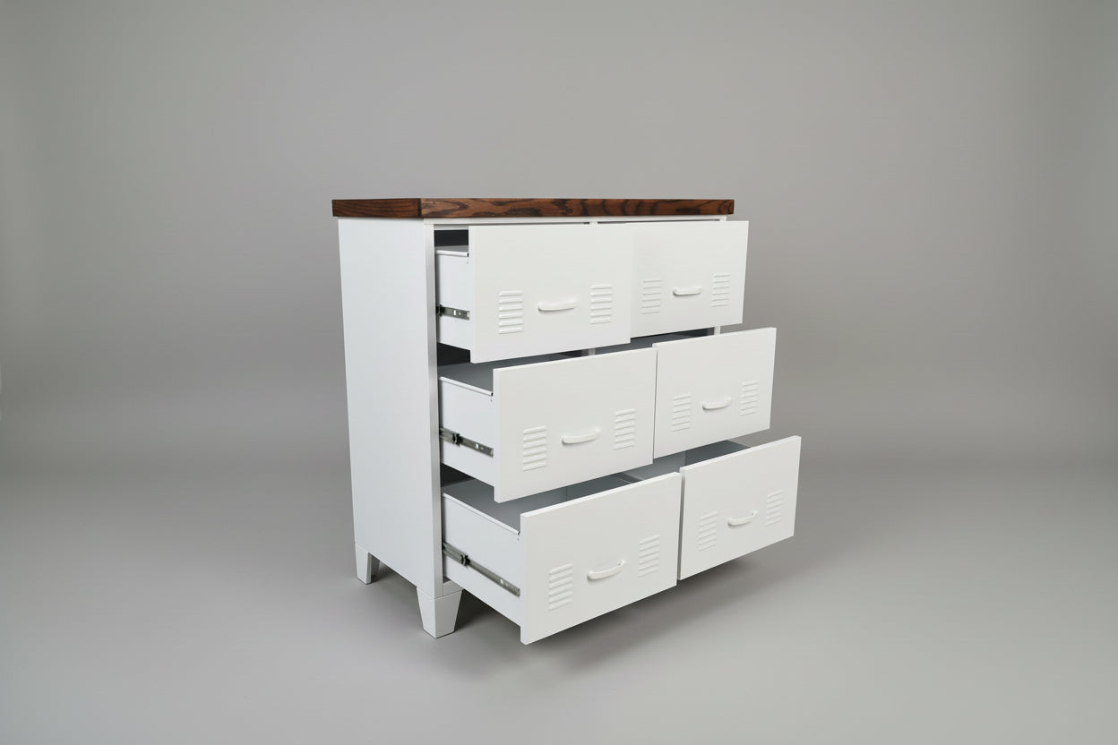 Large White metal tallboy drawers with dark Oak top, drawers open to show durable runners