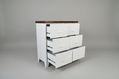 Large White metal tallboy drawers with dark Oak top, drawers open to show durable runners
