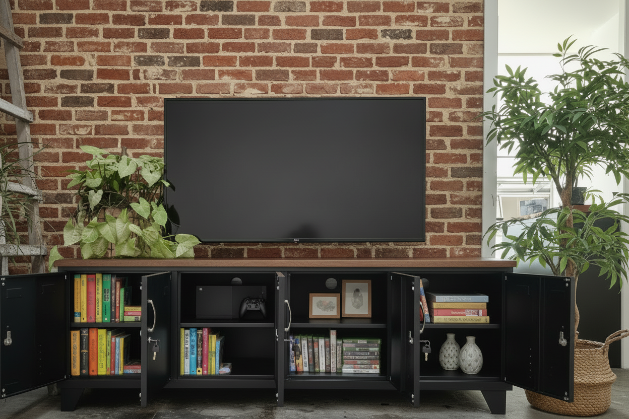 Large black Industrial metal entertainment console with dark oak top TV mounted on a brick wall 