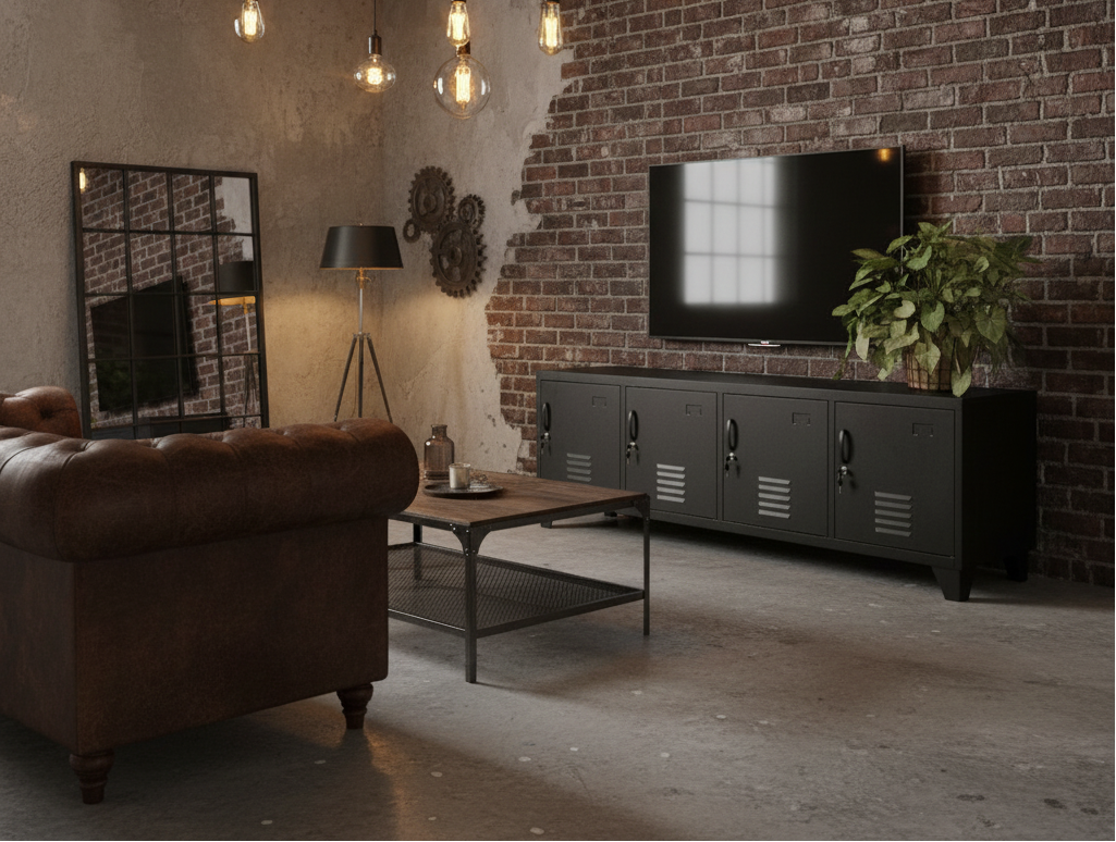 Large black metal entertainment console with hidden storage in an industrial loungeroom