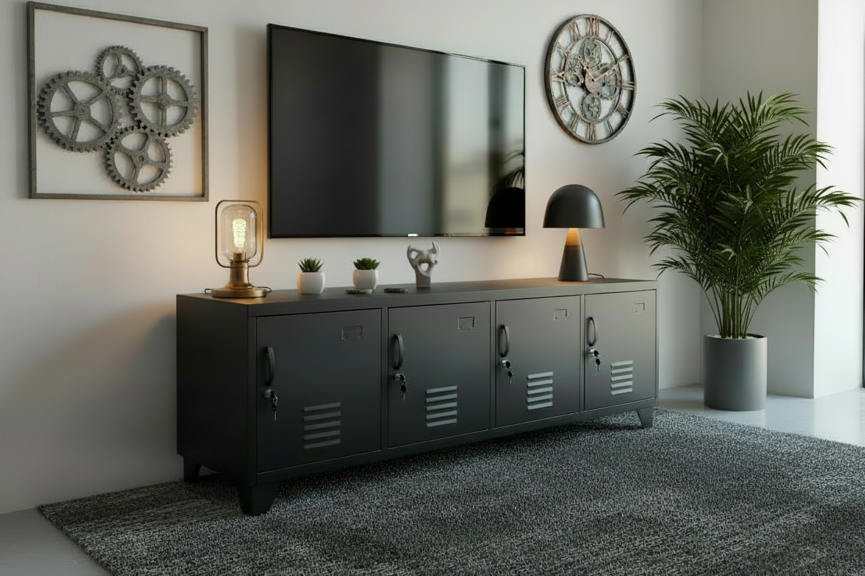 Large black metal entertainment console with four doors, lockable storage in the loungeroom