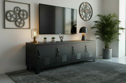 Large black metal entertainment console with four doors, lockable storage in the loungeroom