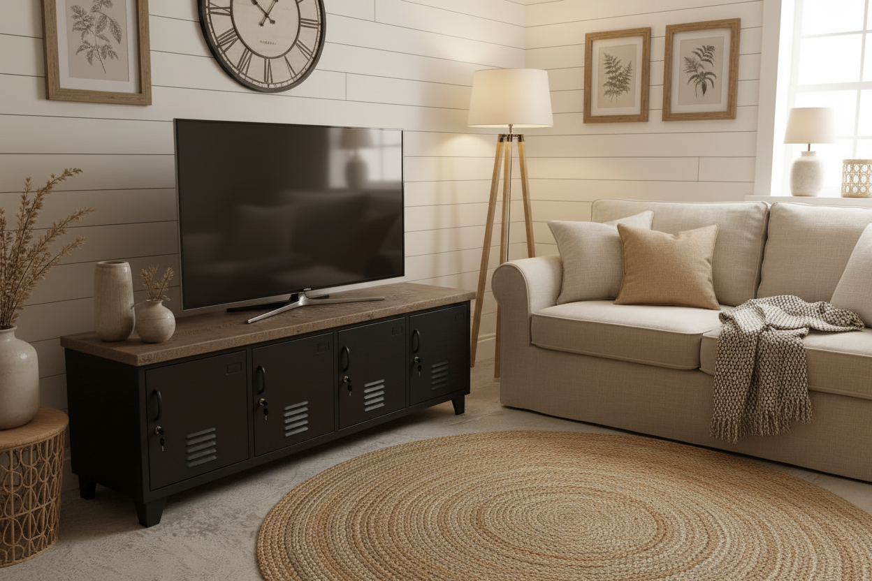 Large black metal entertainment console with rustic grey top in farmhouse loungeroom