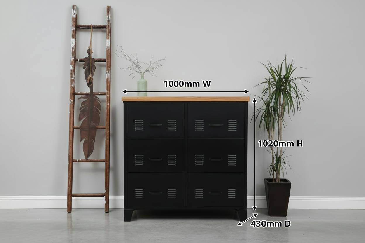 Black metal 6 Drawer cabinet with  Rimu top and dimensions labeled on a gray background