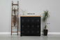 Black metal 6 Drawer cabinet with  Rimu top and dimensions labeled on a gray background