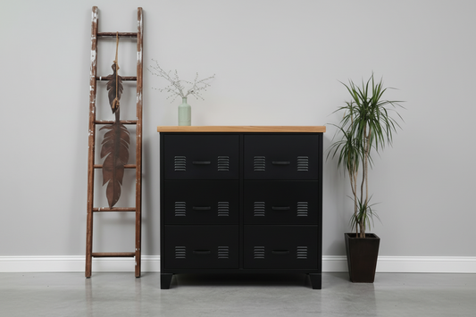 Large black tallboy metal industrial 6 drawer cabinet with recycled Rimu top 