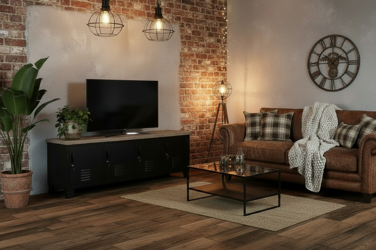 Large metal Black industrial TV cabinet with rustic Grey washed top in industrial living room