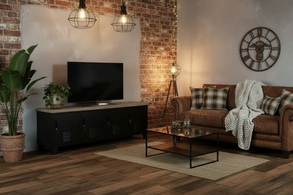 Large metal Black industrial TV cabinet with rustic Grey washed top in industrial living room