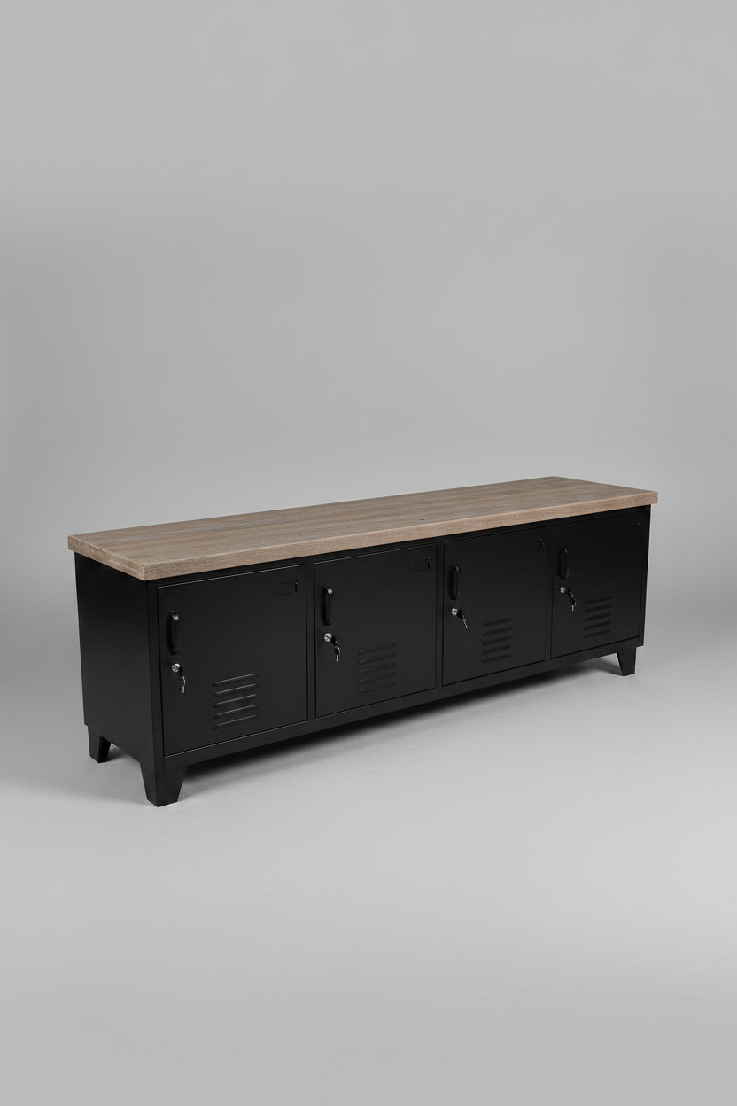 Large metal Black industrial TV cabinet with rustic Grey washed top
