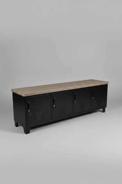 Large metal Black industrial TV cabinet with rustic Grey washed top