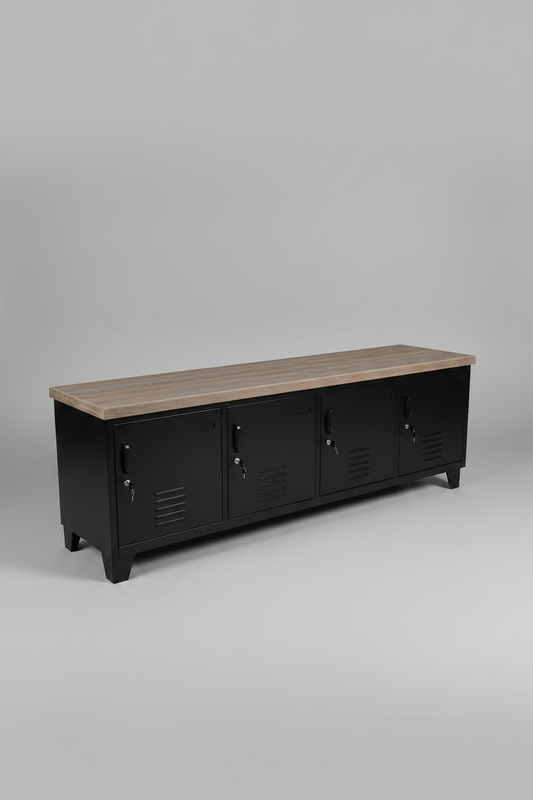 Large metal Black industrial TV cabinet with rustic Grey washed top