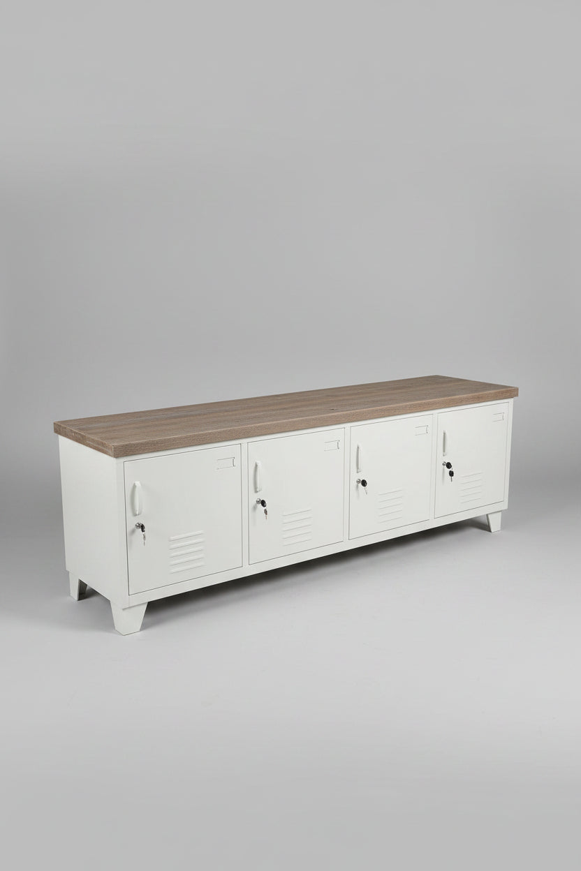Large metal white industrial TV cabinet with rustic Grey washed top
