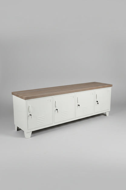 Large metal white industrial TV cabinet with rustic Grey washed top