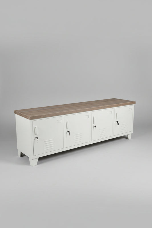 Large metal white industrial TV cabinet with rustic Grey washed top