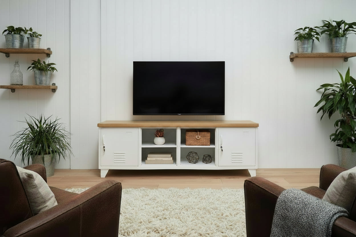Large white industrial entertainment console with oak top with open display shelves in living room
