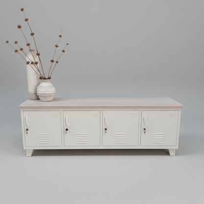 Large white industrial entertainment console with white washed oak top on grey background