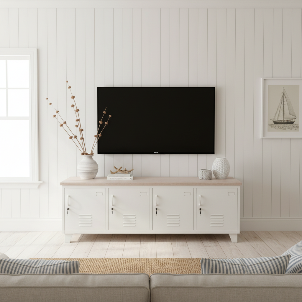 Large white industrial tv cabinet with white washed Oak top with TV in the wall above it