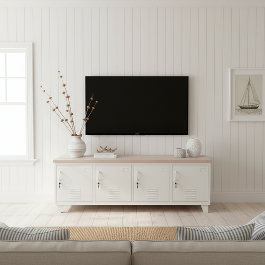 Large white industrial tv cabinet with white washed Oak top with TV in the wall above it