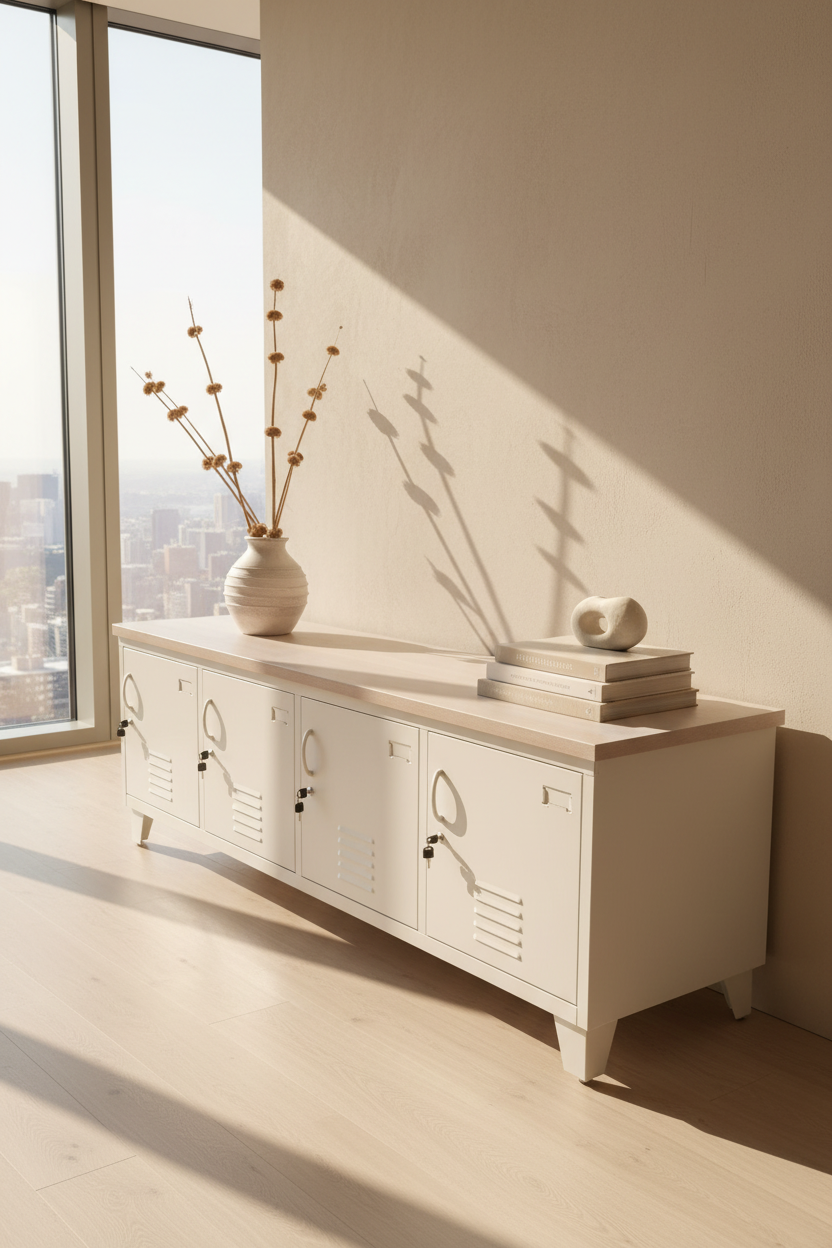 Long low White sideboard with white washed Oak top with decorative items in a room with large windows.